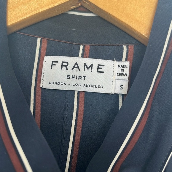 Frame 100% Silk Navy Vintage Stripe Long Sleeve Button Up Midi Dress - Picture 5 of 12